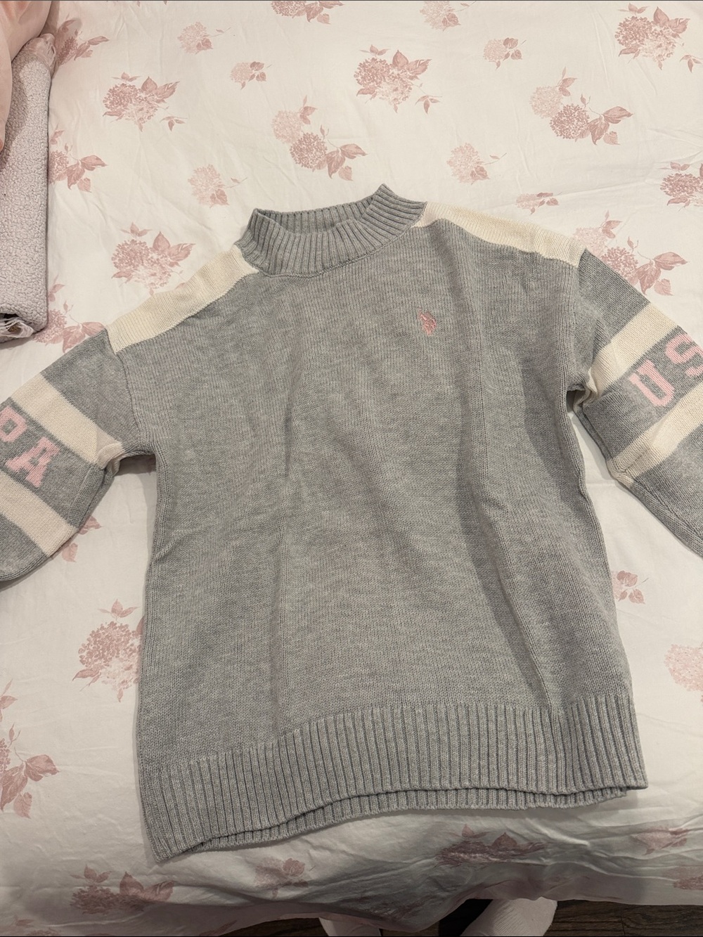 U.S. Polo Assn. Gray Knit Mock Neck Sweater with Cream Stripes and Pink Logo